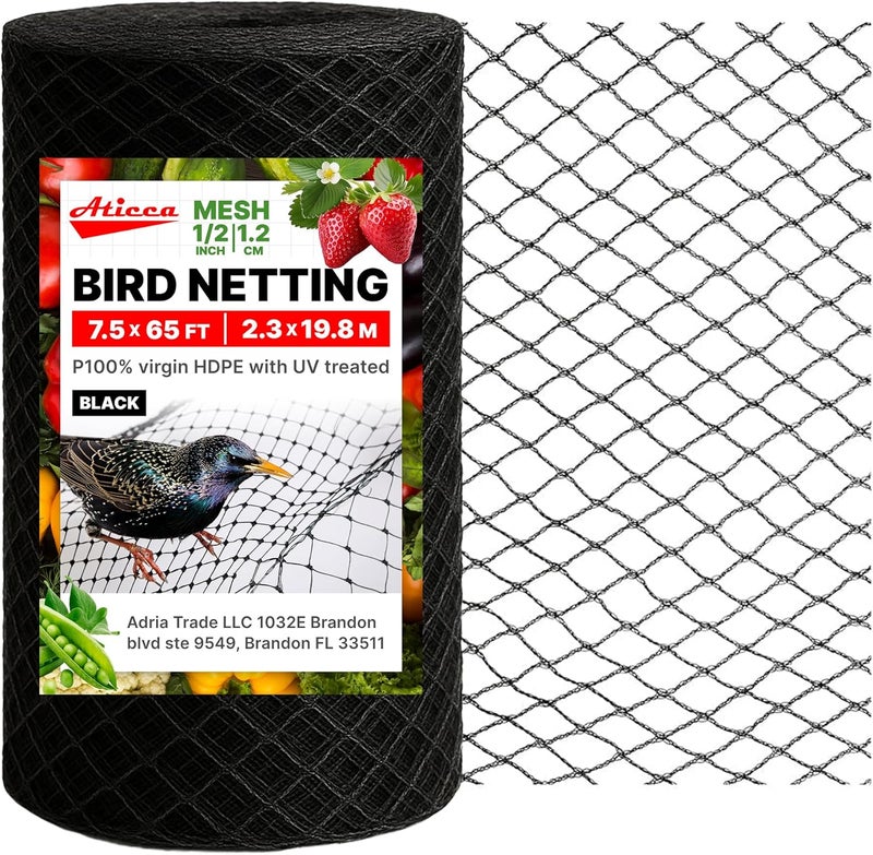 Aticca Heavy Duty Bird Netting for Garden Protection & Fruit Trees, 7.5x65 Ft with 10 Stakes – Black Anti-Bird Net for Poultry, Deer, & Squirrel Protection, Durable Nylon Mesh for Garden and Yard Use - Image 1